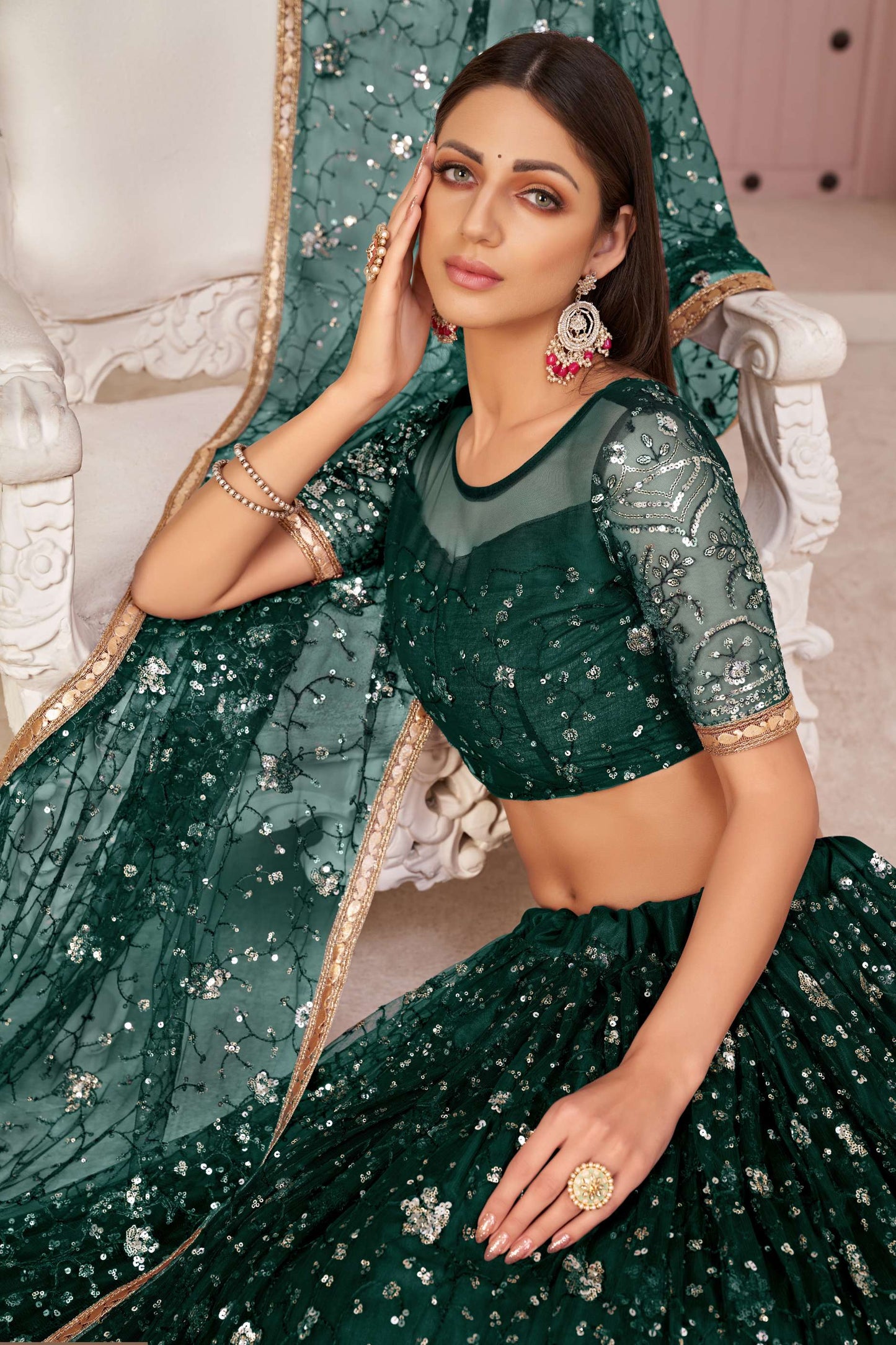 Dark Green Sequined Party wear Lehenga Choli