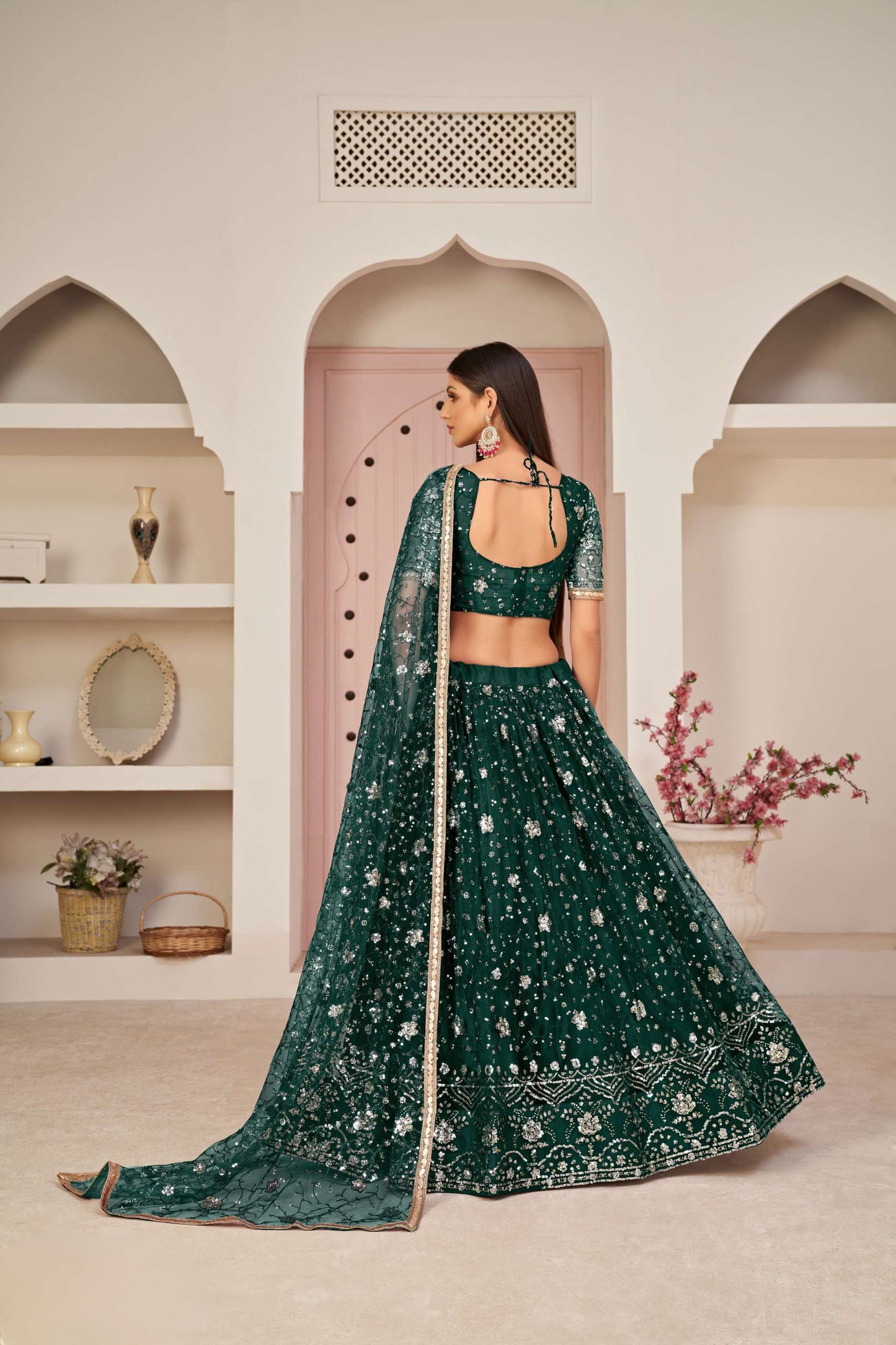 Dark Green Sequined Party wear Lehenga Choli