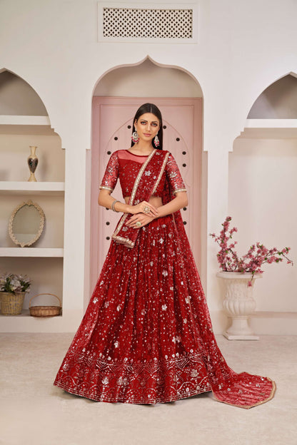 Red Sequins Embellished Lehenga Choli Set