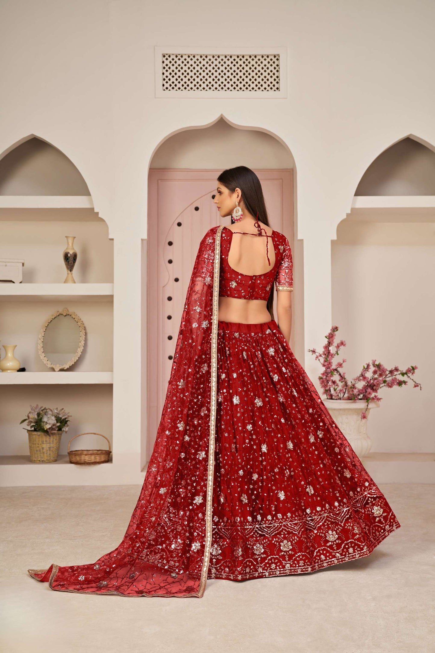 Red Sequins Embellished Lehenga Choli Set
