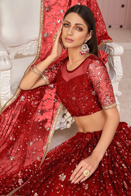 Red Sequins Embellished Lehenga Choli Set