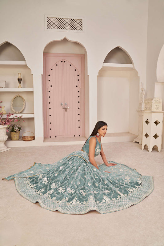 Blue Embroidered Net Lehenga Choli With Dupatta