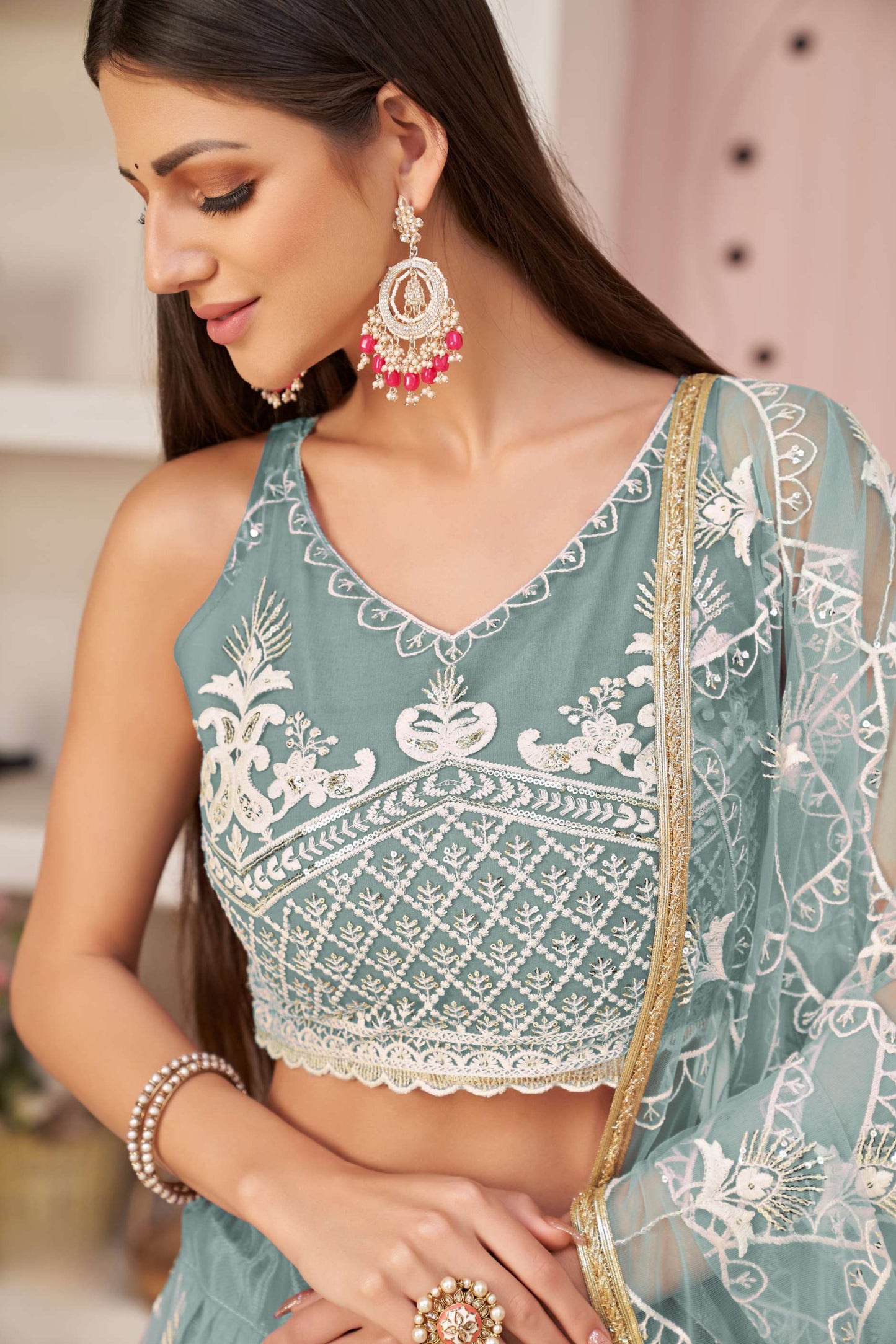 Blue Embroidered Net Lehenga Choli With Dupatta