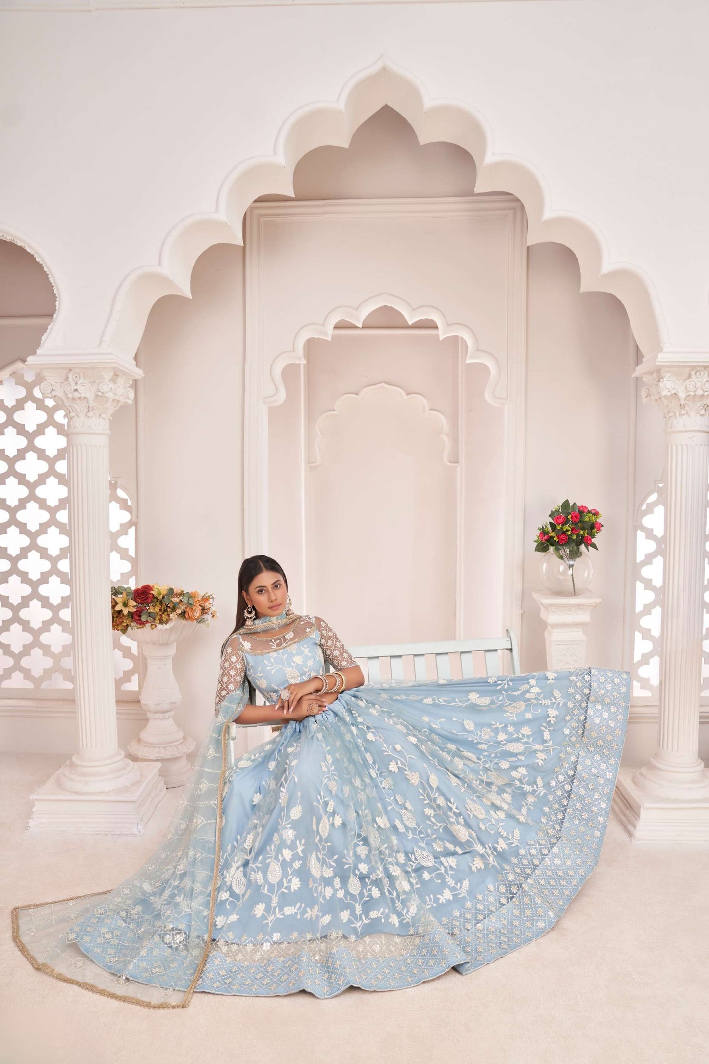 Blue Net Embroidered Lehenga Choli & Dupatta