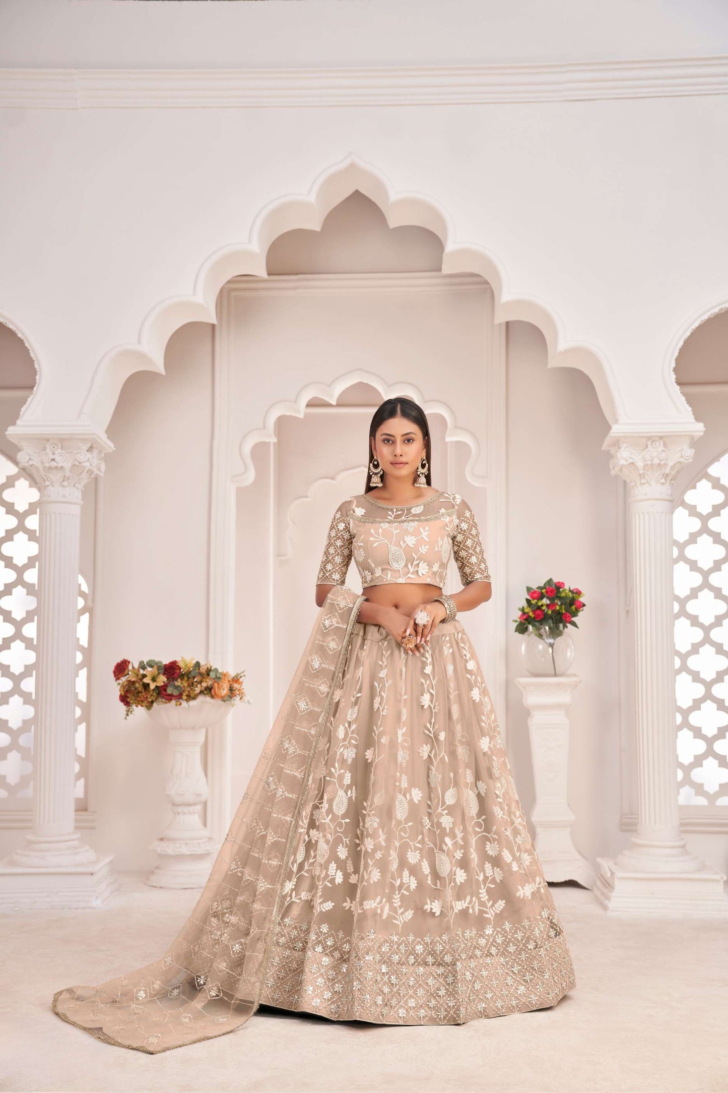 Beige Net Lehenga Choli in Sequins Embroidery