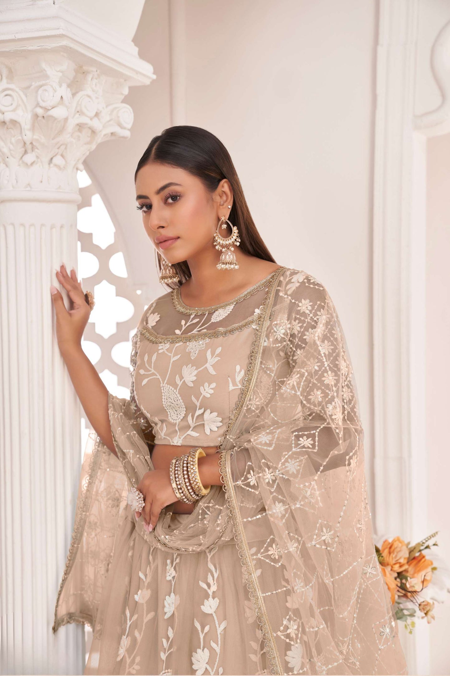 Beige Net Lehenga Choli in Sequins Embroidery