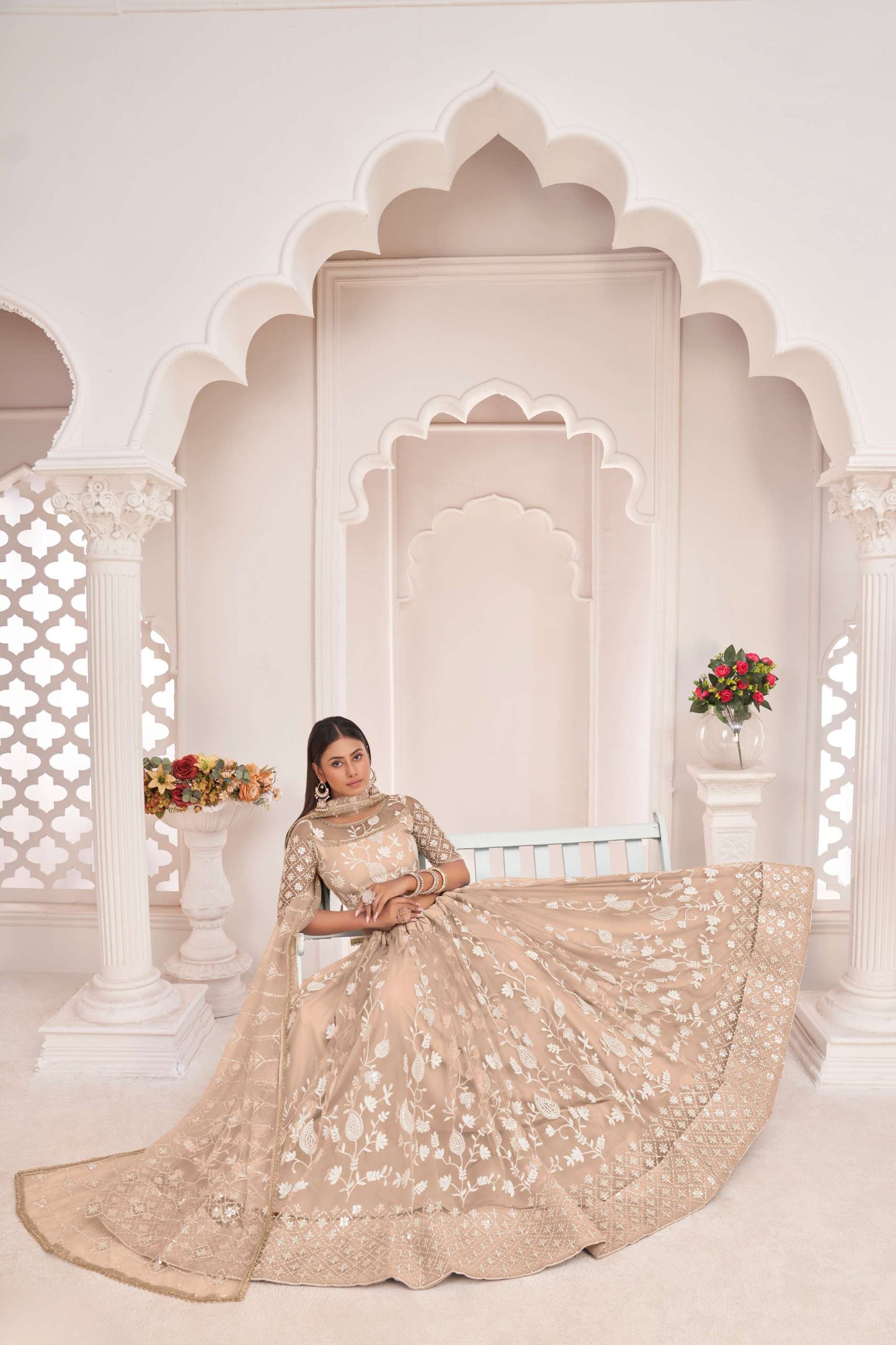Beige Net Lehenga Choli in Sequins Embroidery
