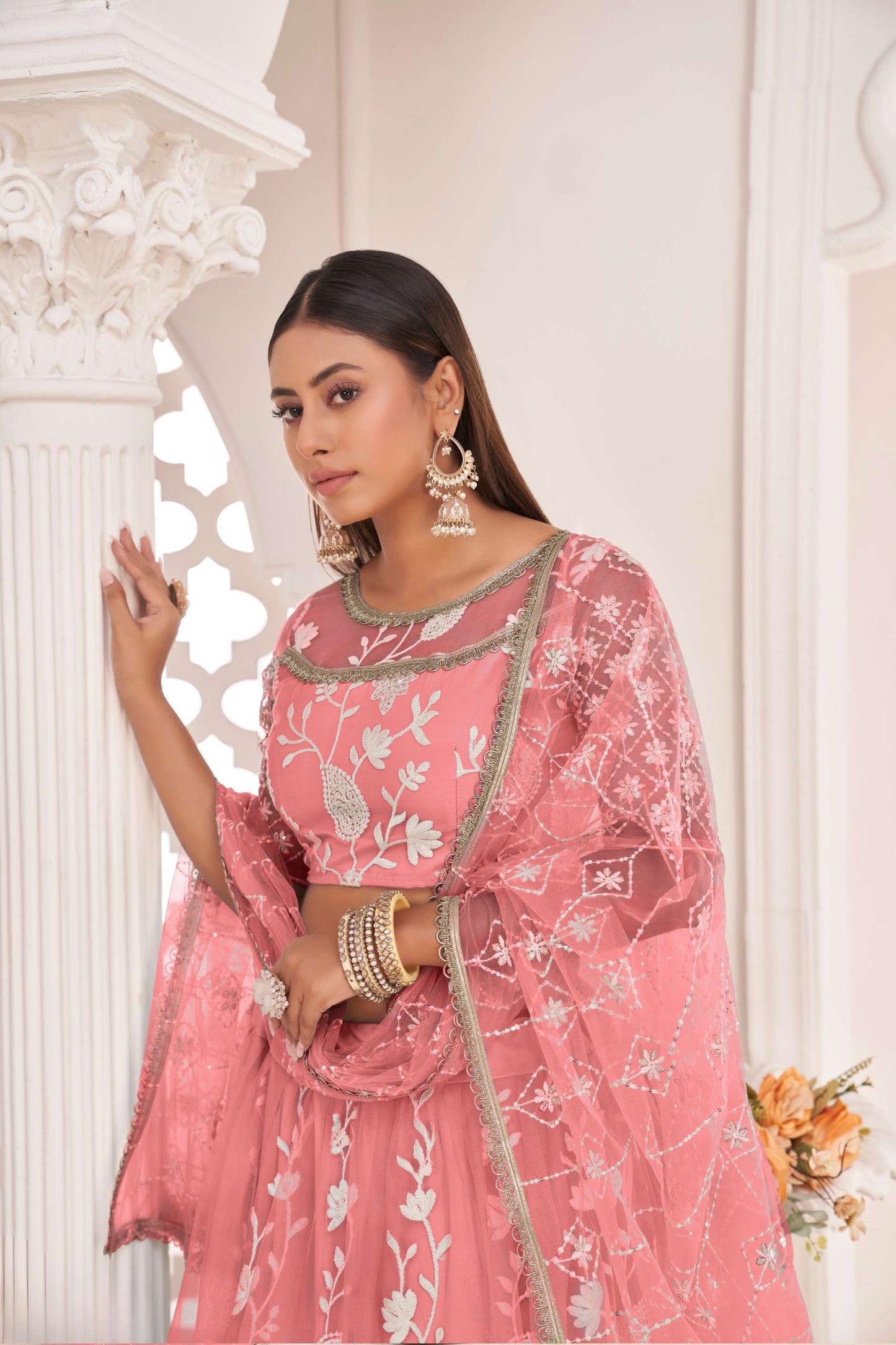 Pink Traditional Embroidered Net Lehenga Choli