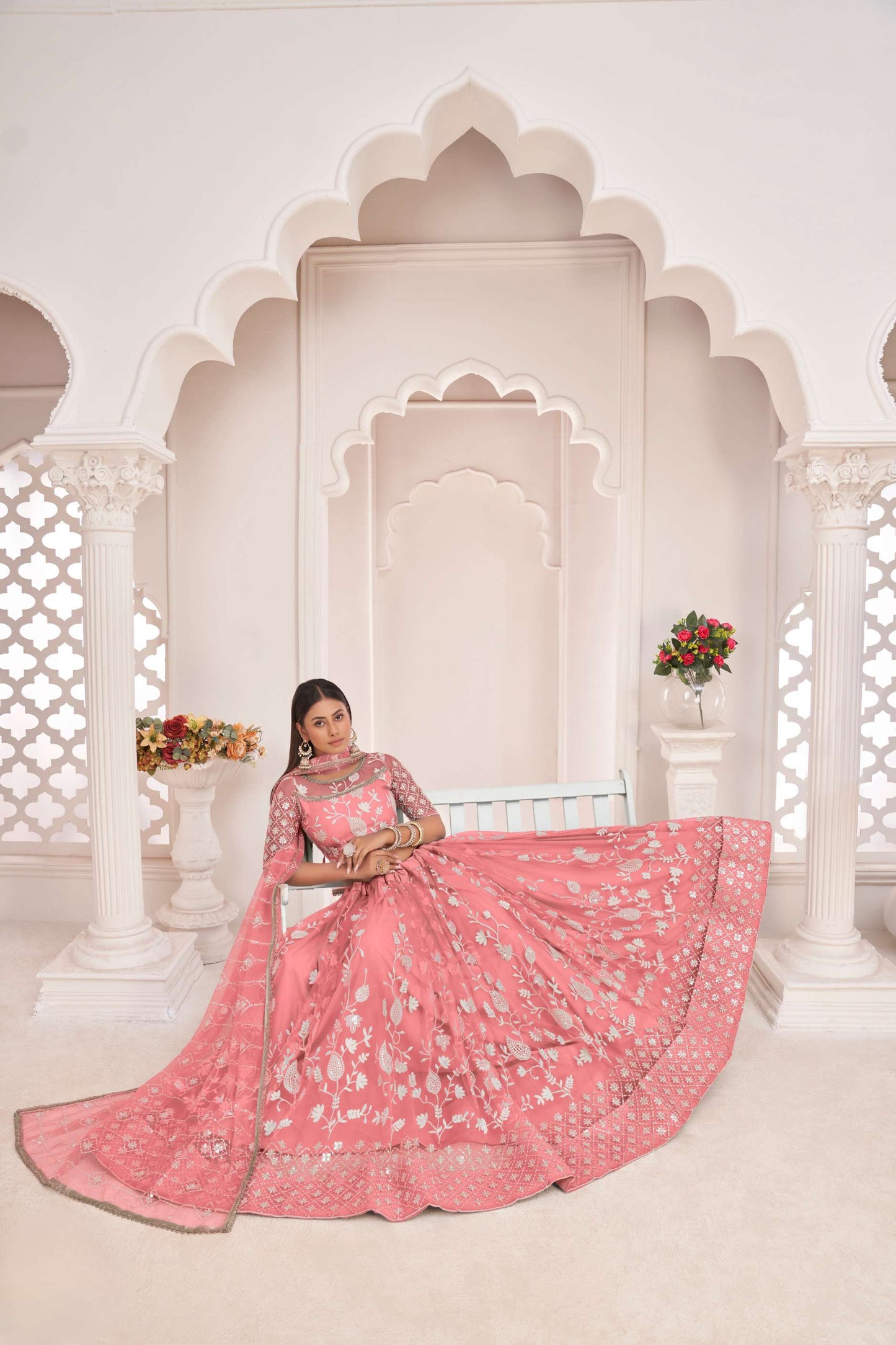 Pink Traditional Embroidered Net Lehenga Choli