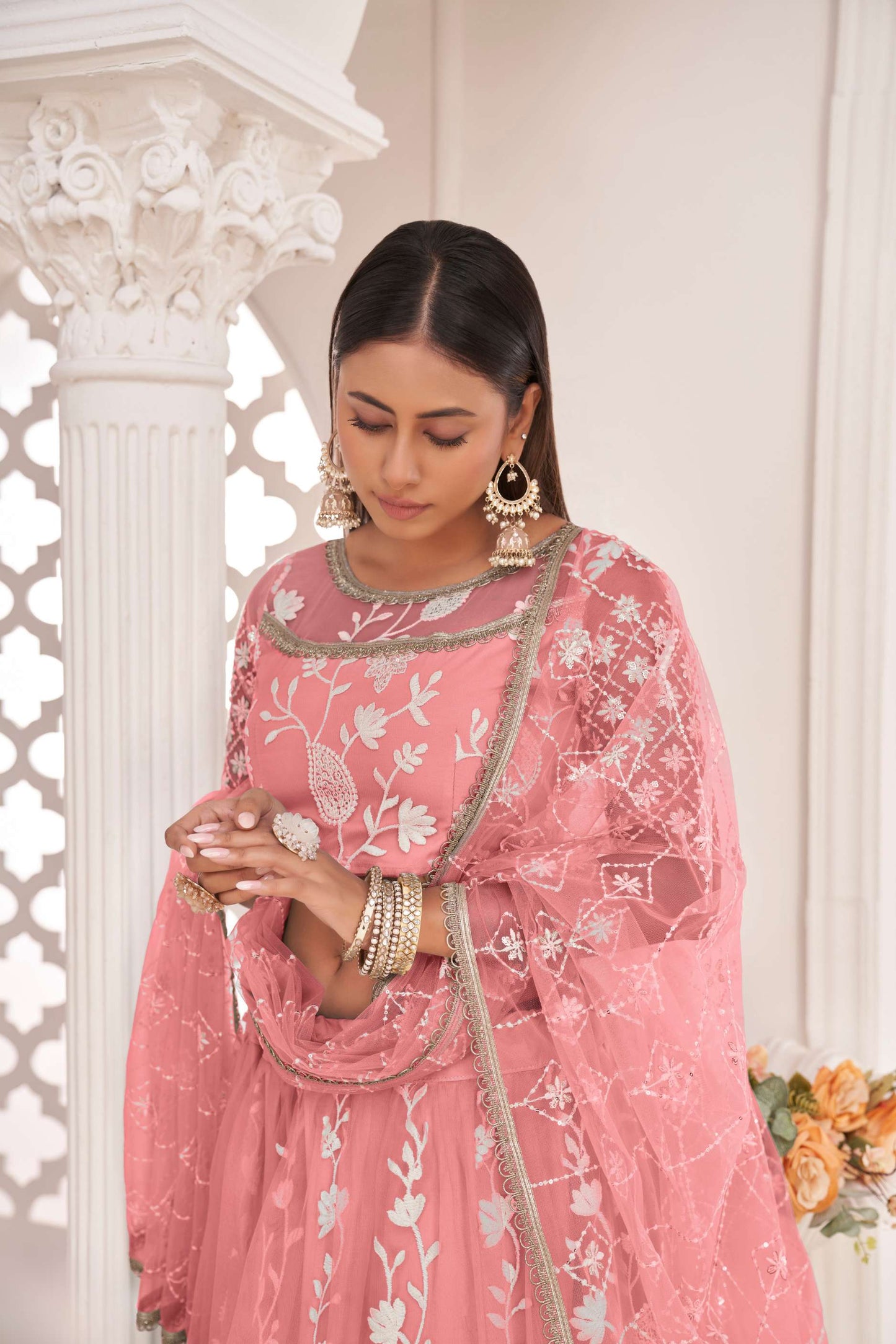 Pink Traditional Embroidered Net Lehenga Choli