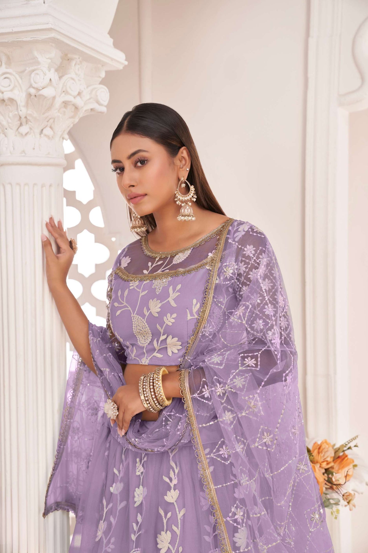 Lavender Traditional Embroidered Net Lehenga Choli