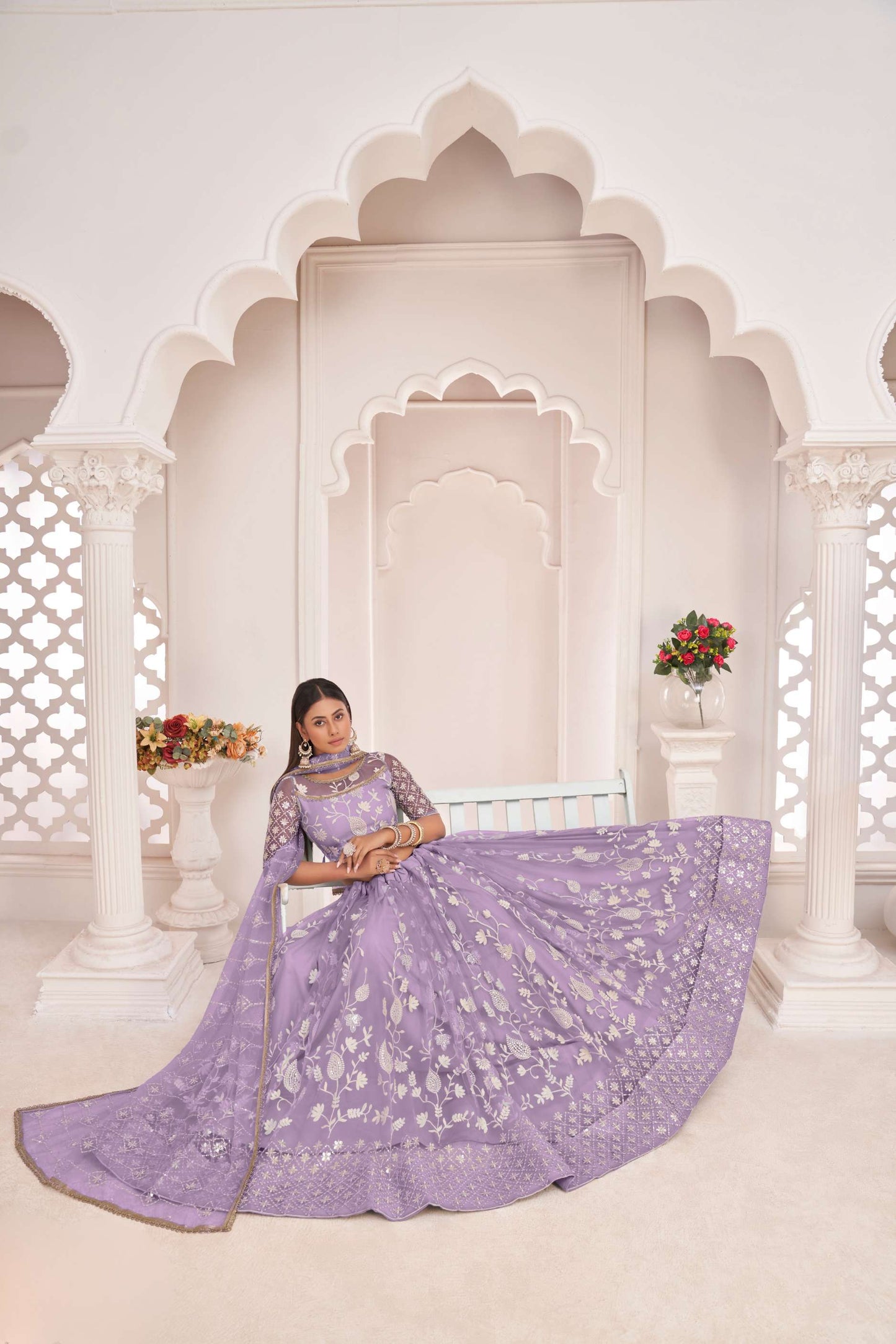 Lavender Traditional Embroidered Net Lehenga Choli