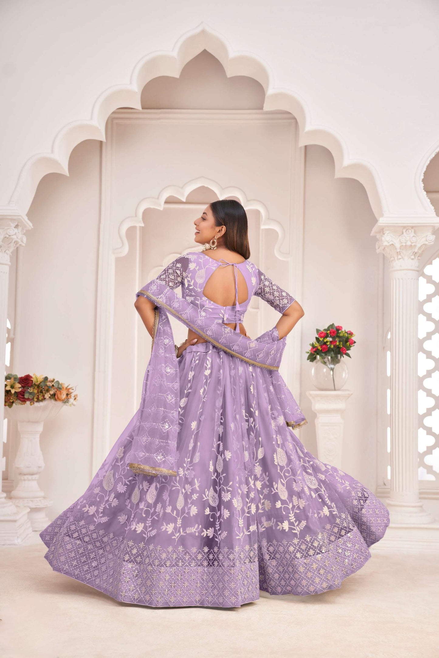 Lavender Traditional Embroidered Net Lehenga Choli