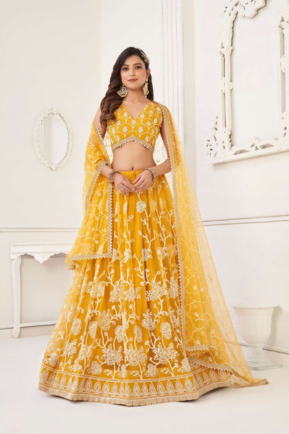 Yellow Embroidered Net Lehenga Choli Set