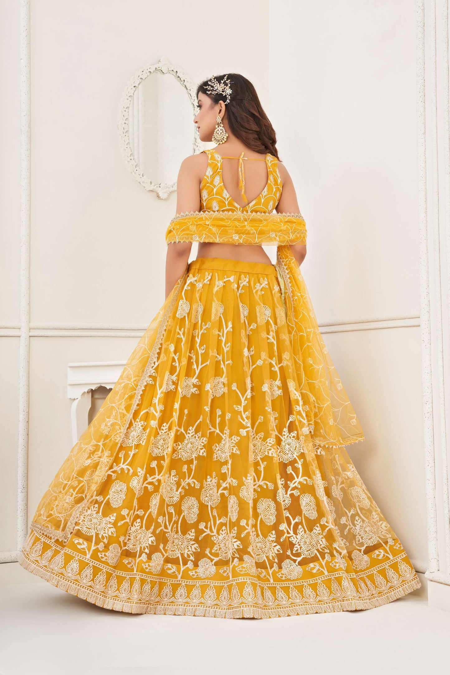 Yellow Embroidered Net Lehenga Choli Set