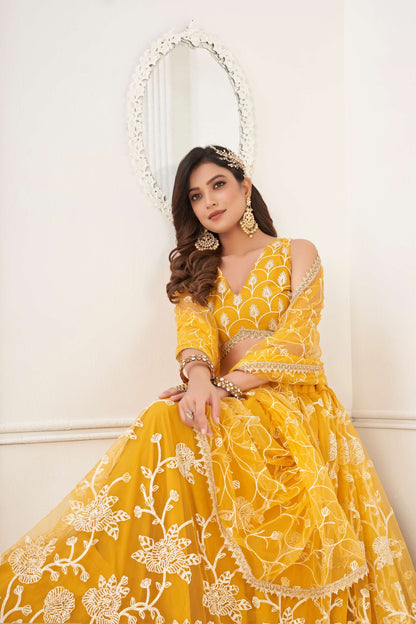 Yellow Embroidered Net Lehenga Choli Set