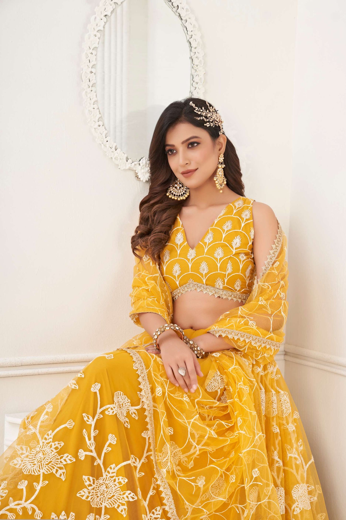 Yellow Embroidered Net Lehenga Choli Set