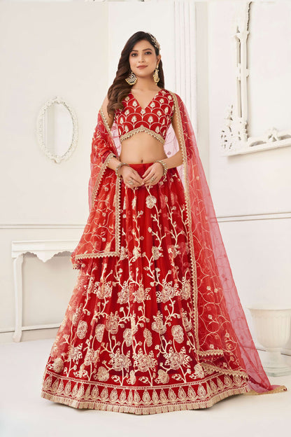 Red Sequins Embroidered Lehenga Choli