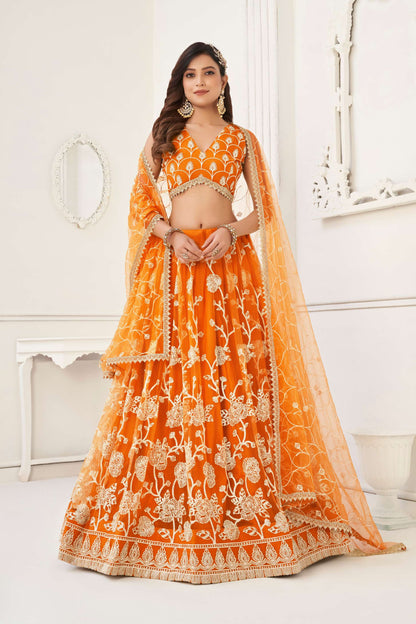 Orange Embroidered Lehenga Choli in Net