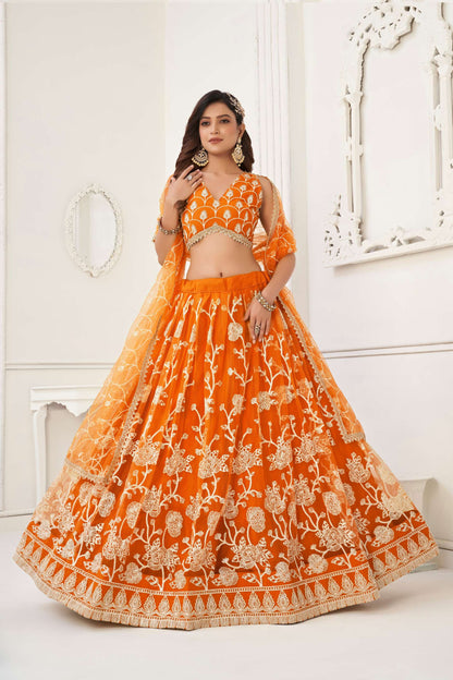 Orange Embroidered Lehenga Choli in Net