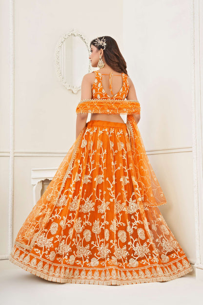 Orange Embroidered Lehenga Choli in Net