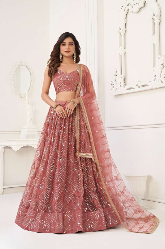 Dusty Pink Net Lehenga Choli in Sequins Embroidery