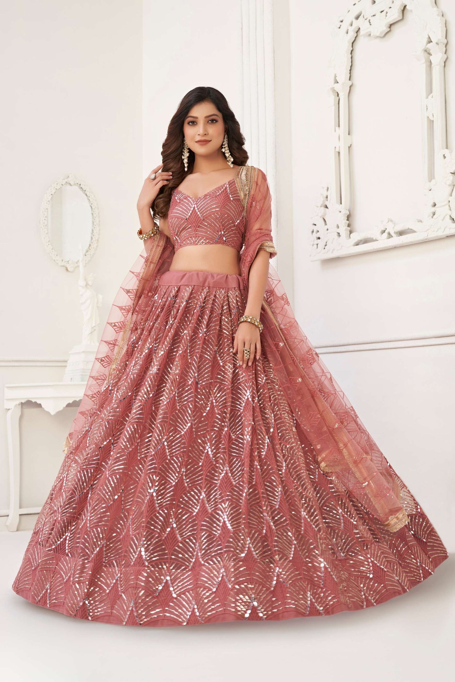 Dusty Pink Net Lehenga Choli in Sequins Embroidery