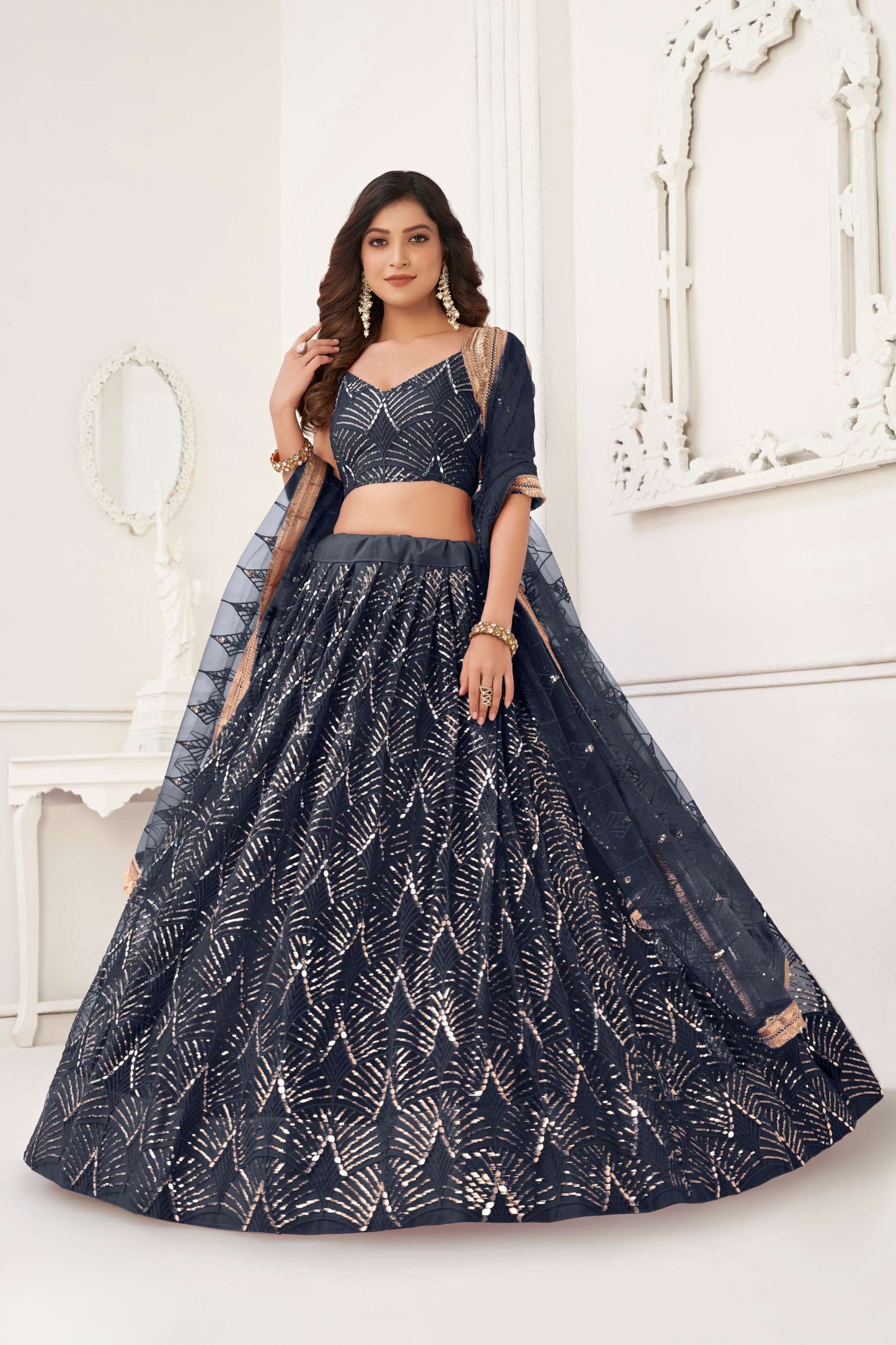Black Sequins Embellished Net Lehenga Choli