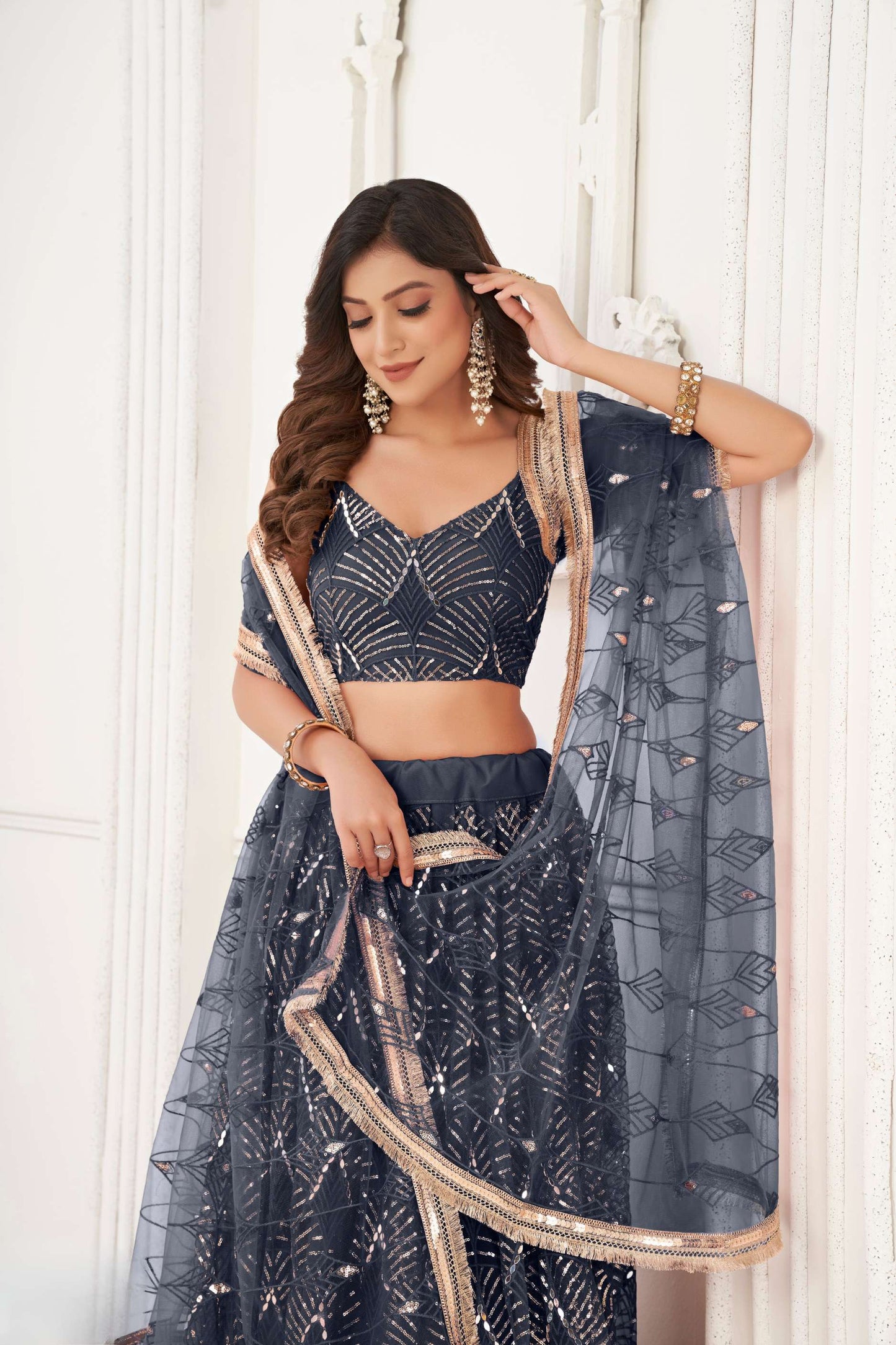 Black Sequins Embellished Net Lehenga Choli