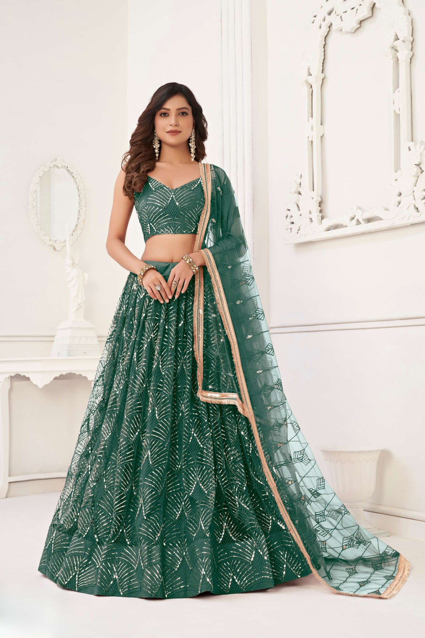 Bottle Green Sequins Work Lehenga Choli in Net