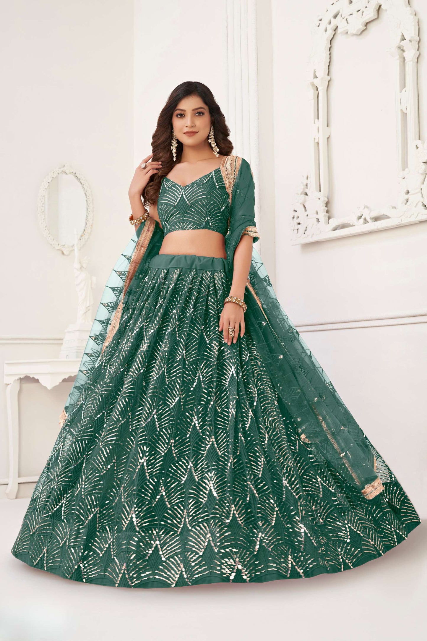 Bottle Green Sequins Work Lehenga Choli in Net