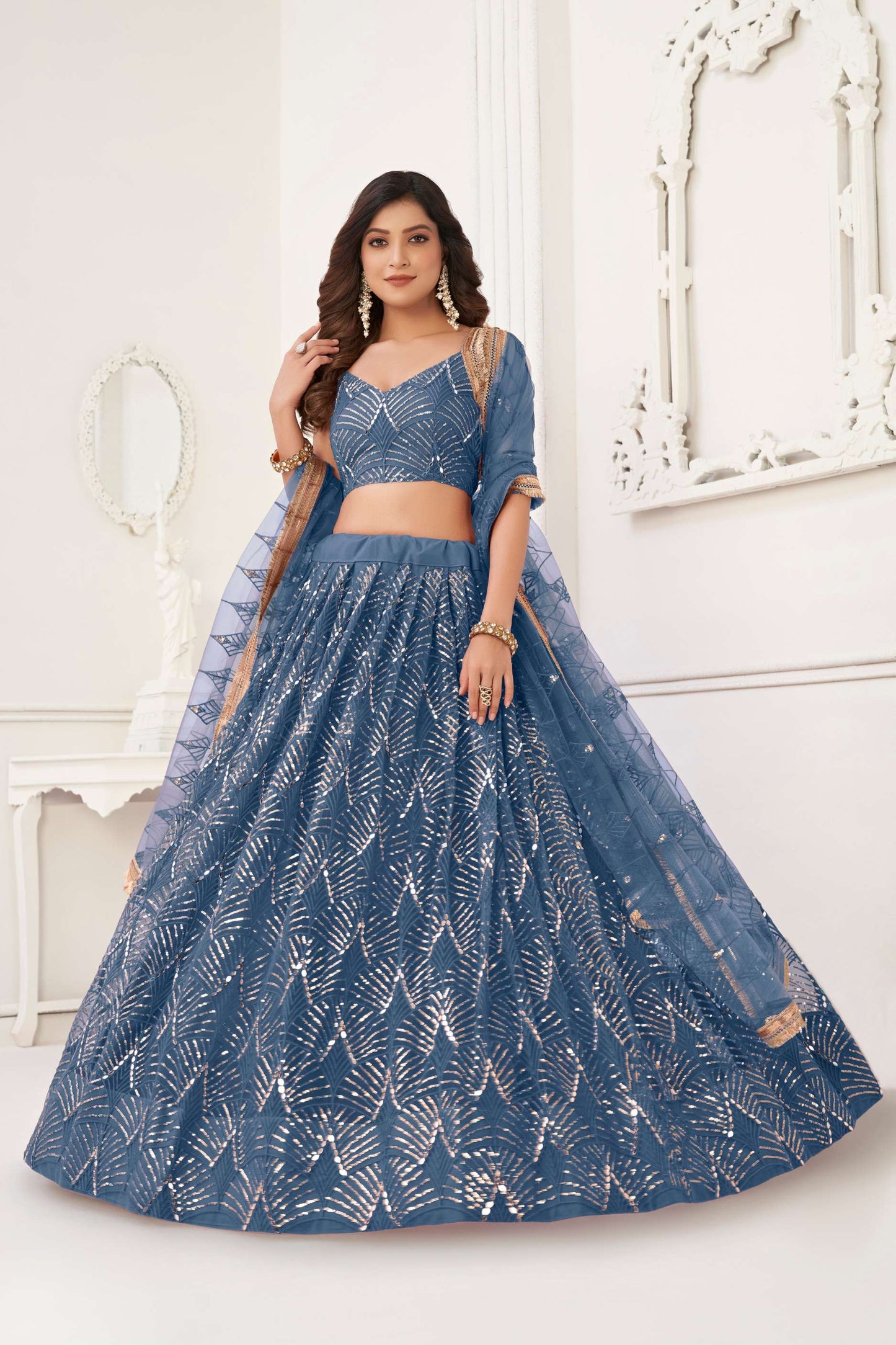 Blue Sequins Embellished Net Lehenga Choli & Dupatta