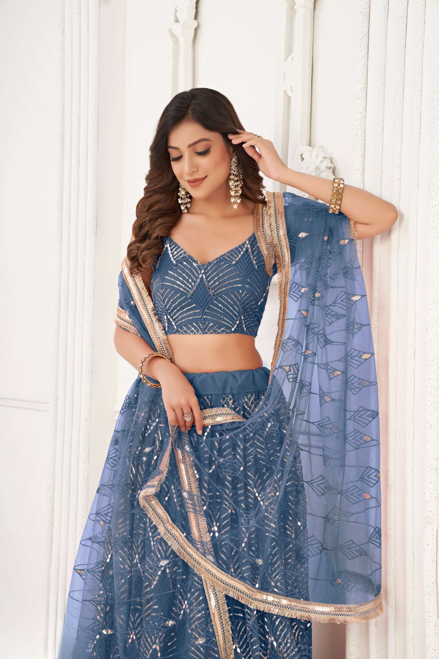 Blue Sequins Embellished Net Lehenga Choli & Dupatta