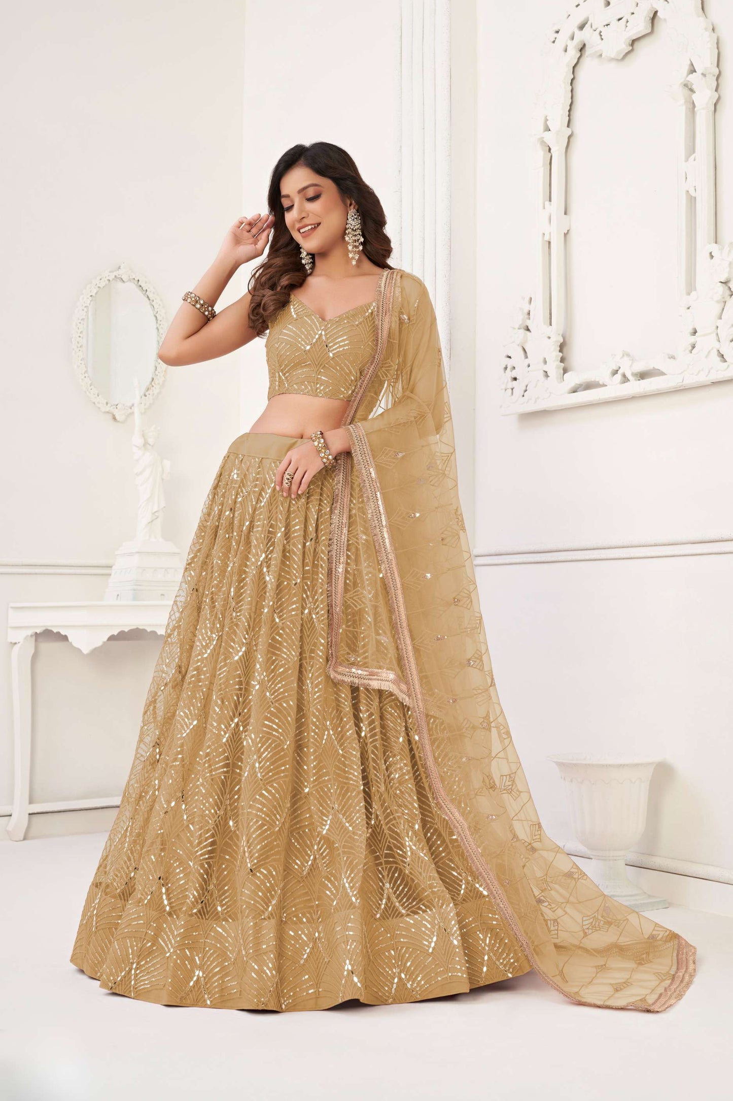 Beige Golden Sequin Embellished Net Lehenga Choli