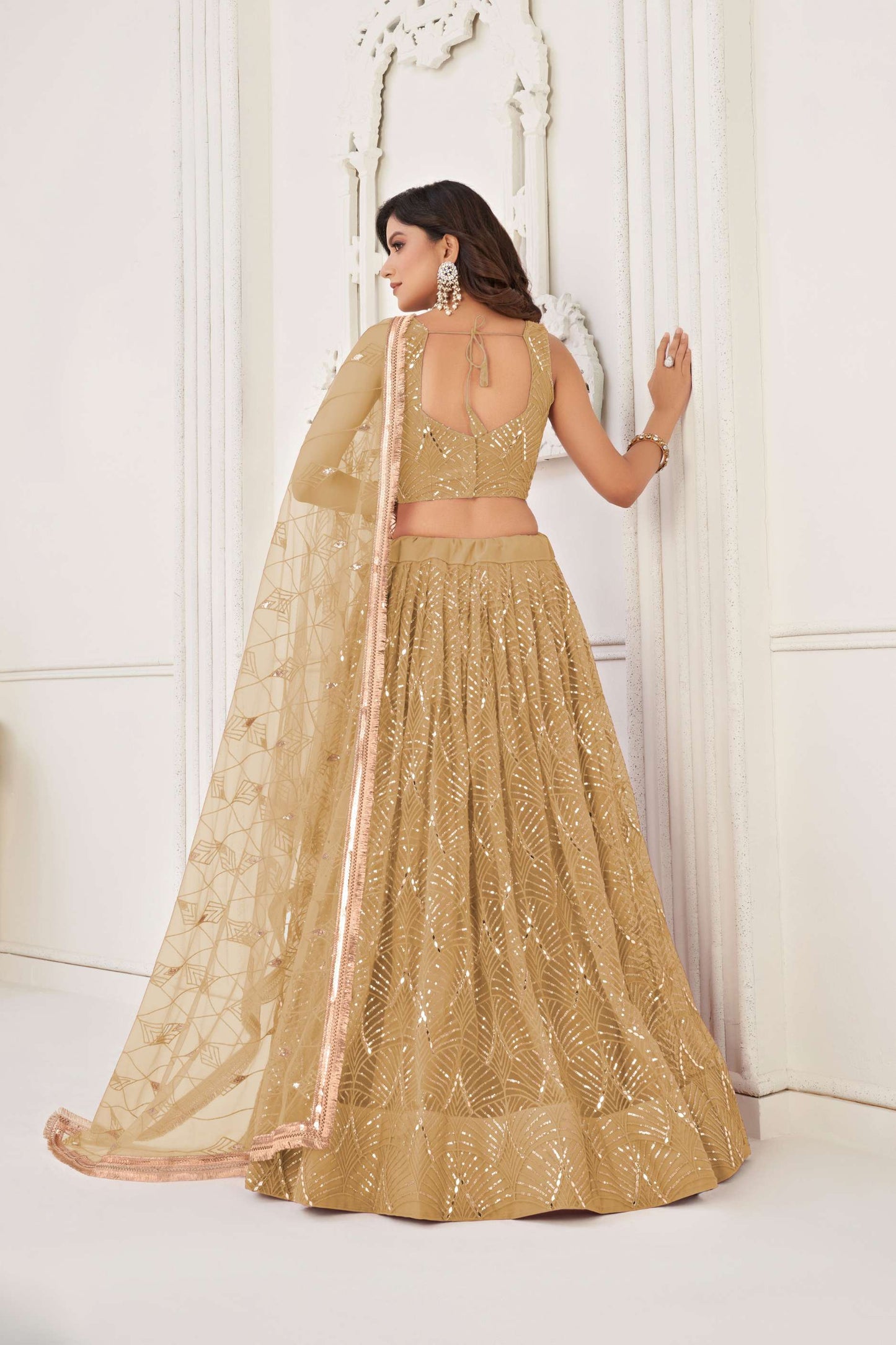 Beige Golden Sequin Embellished Net Lehenga Choli