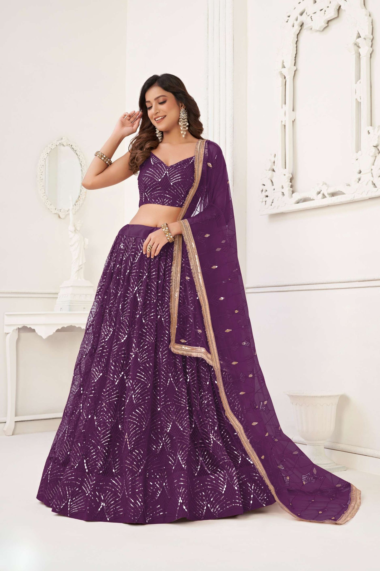 Purple Embroidered Lehenga Choli in Net