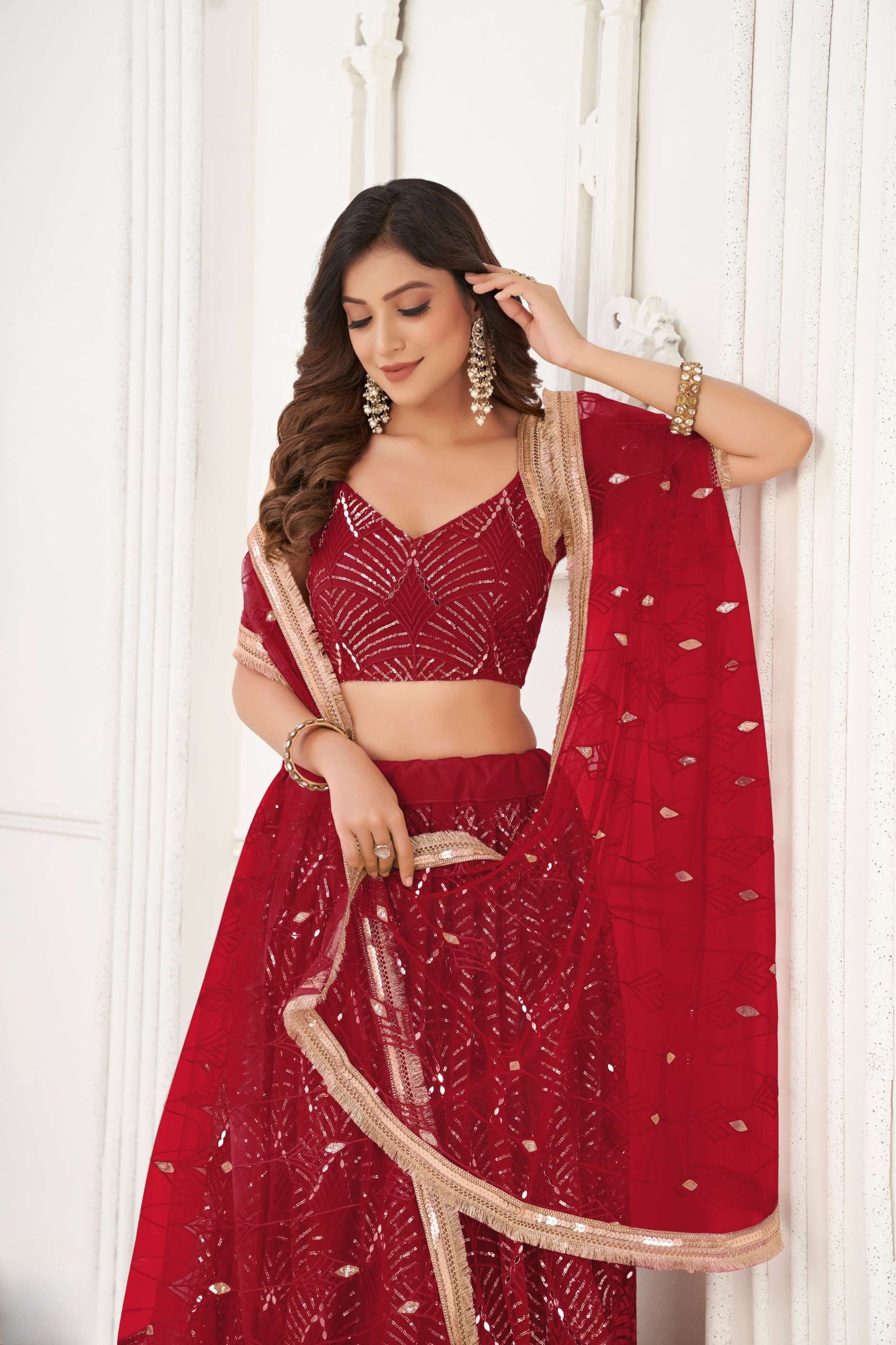 Maroon Embroidered Lehenga Choli & Dupatta