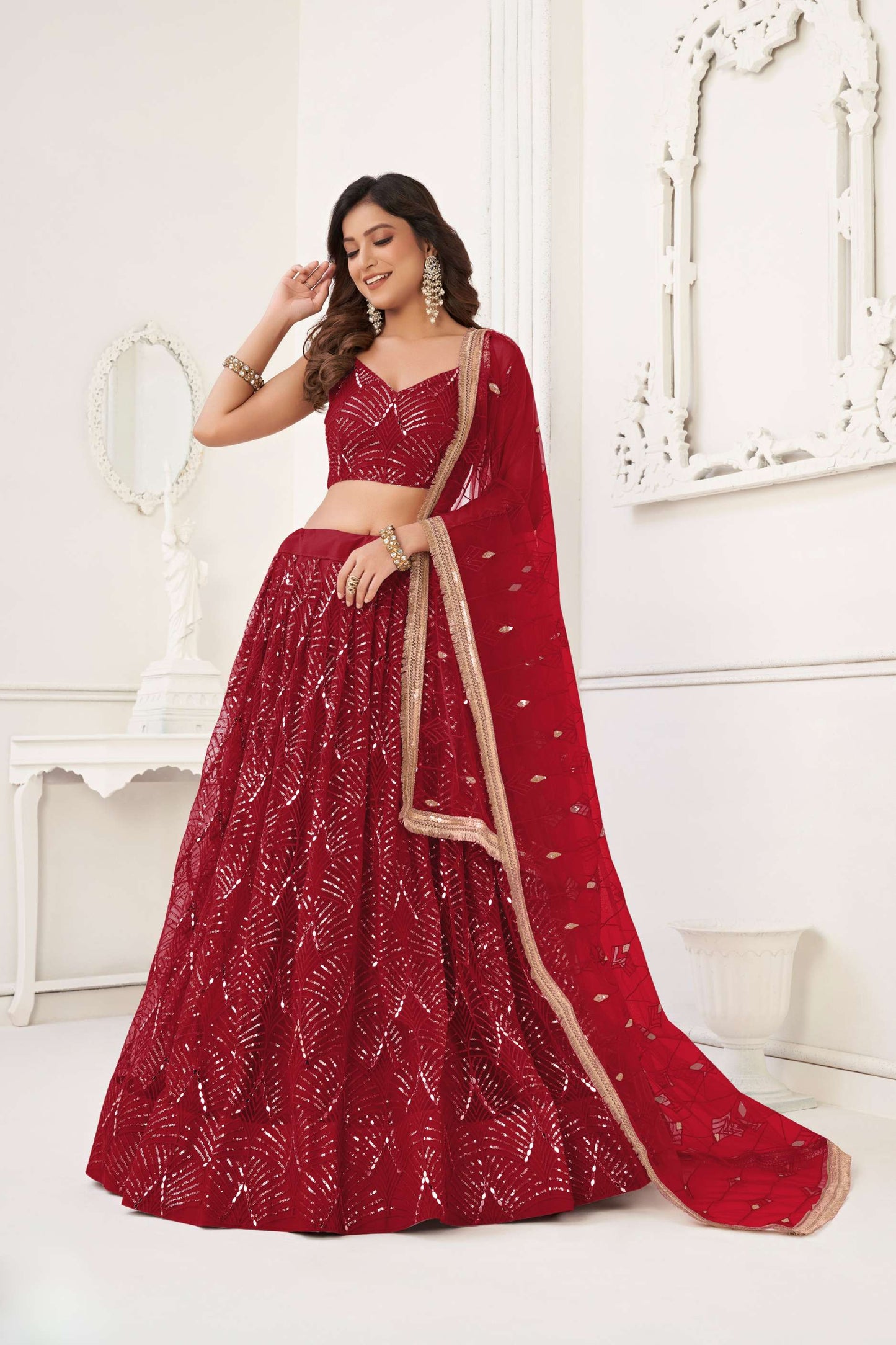 Maroon Embroidered Lehenga Choli & Dupatta