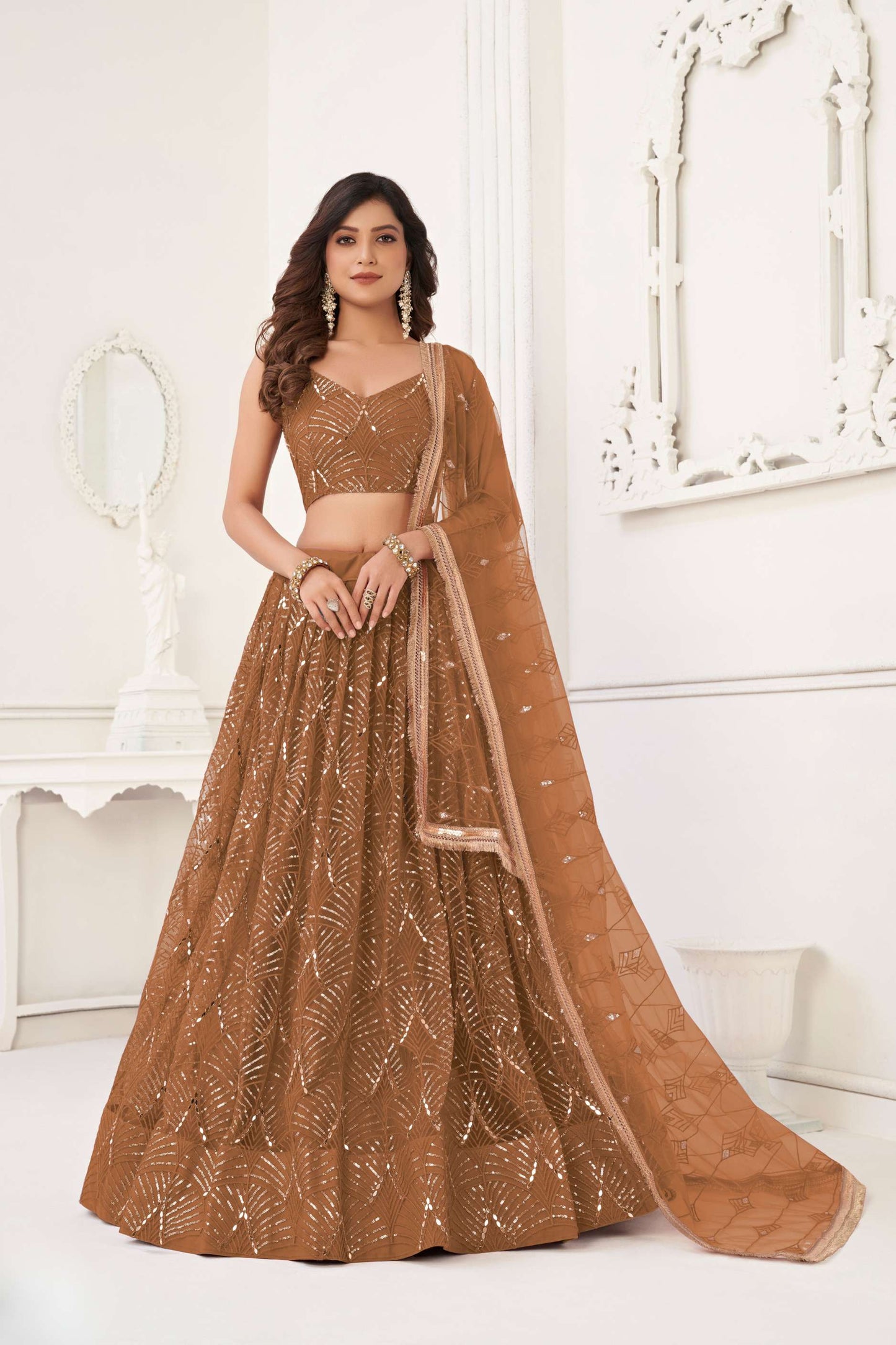 Brown Embroidered Lehenga Choli & Dupatta