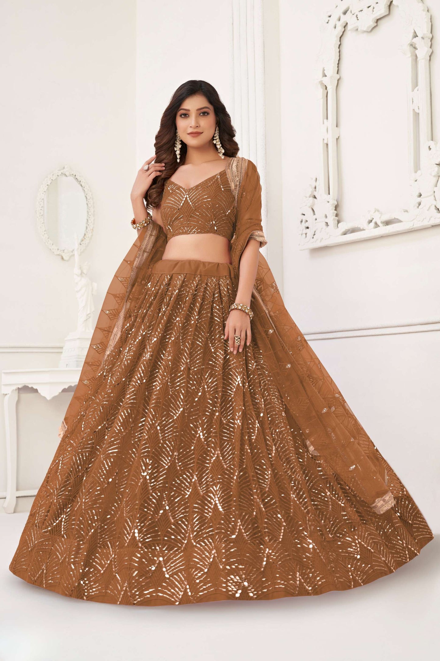 Brown Embroidered Lehenga Choli & Dupatta