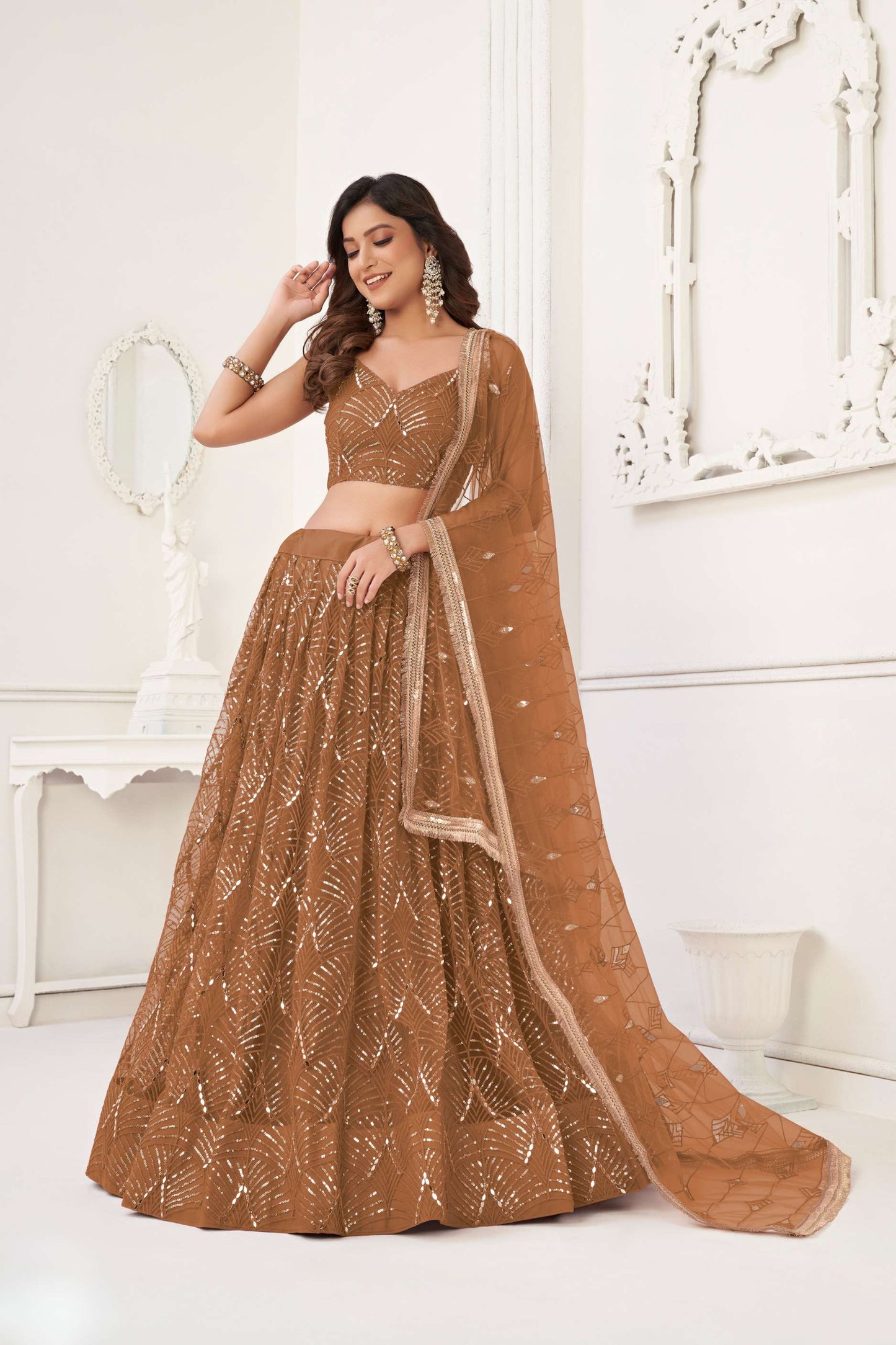 Brown Embroidered Lehenga Choli & Dupatta