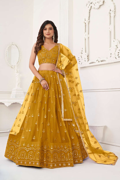 Yellow Embroidered Lehenga Choli in Net