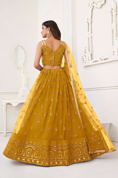 Yellow Embroidered Lehenga Choli in Net