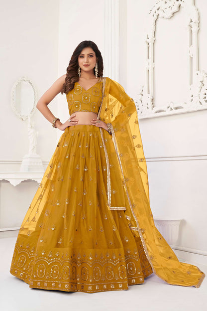 Yellow Embroidered Lehenga Choli in Net