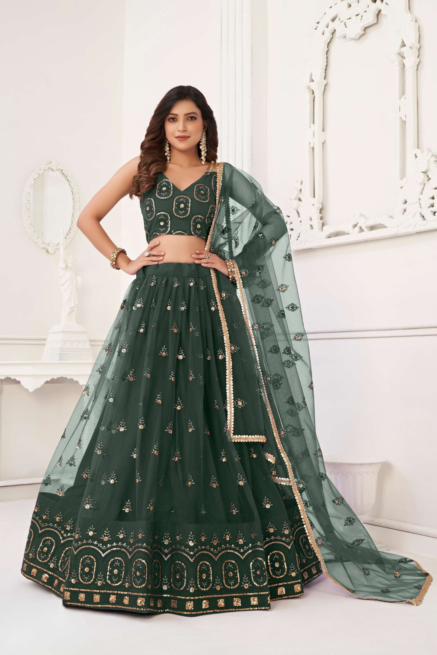 Green Traditional Embroidered Lehenga Choli