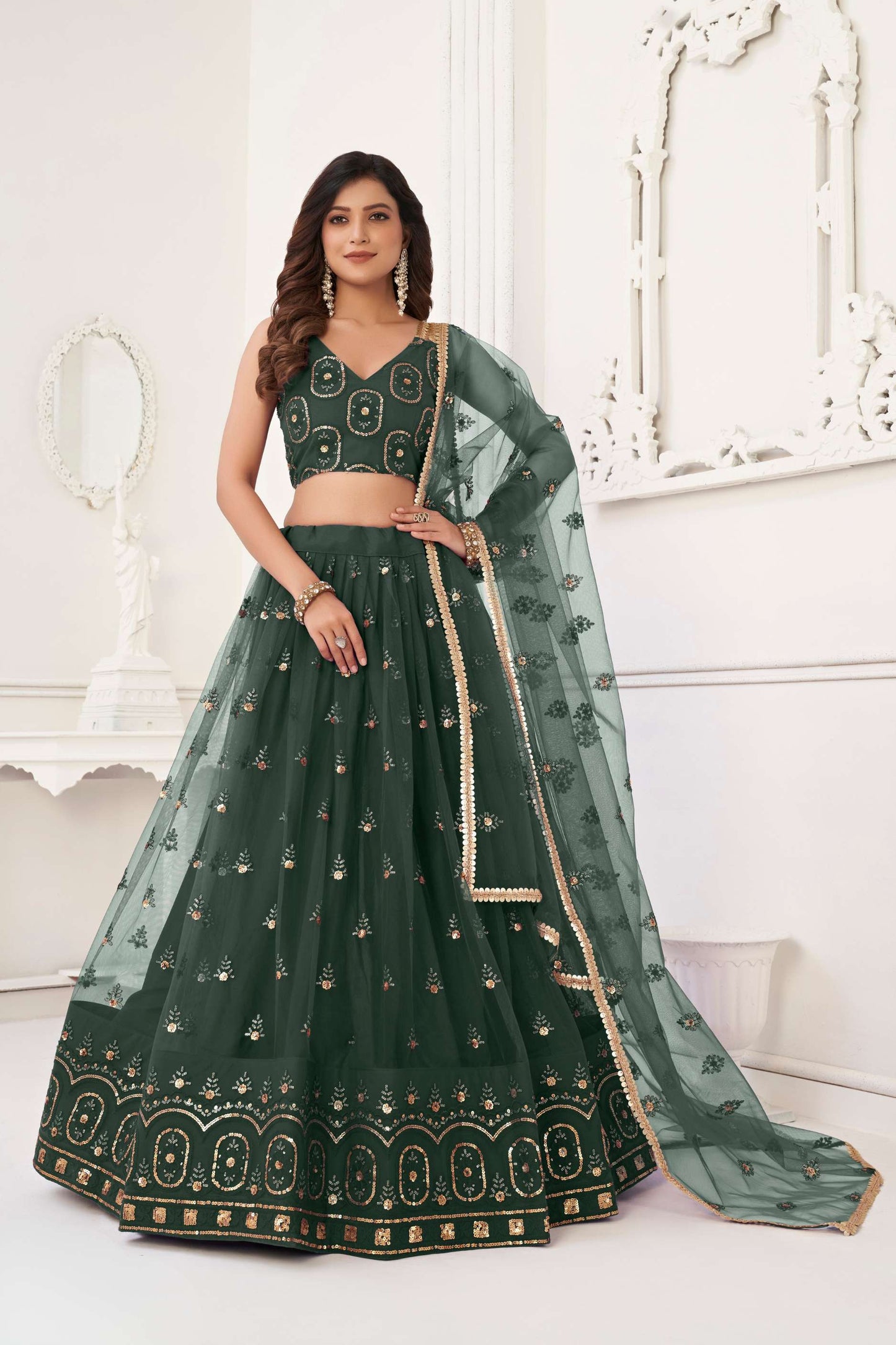 Green Traditional Embroidered Lehenga Choli