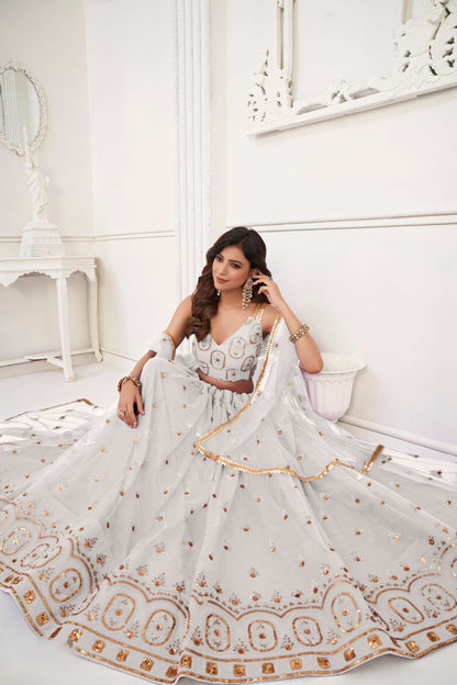Off-White Traditional Embroidered Lehnega Choli