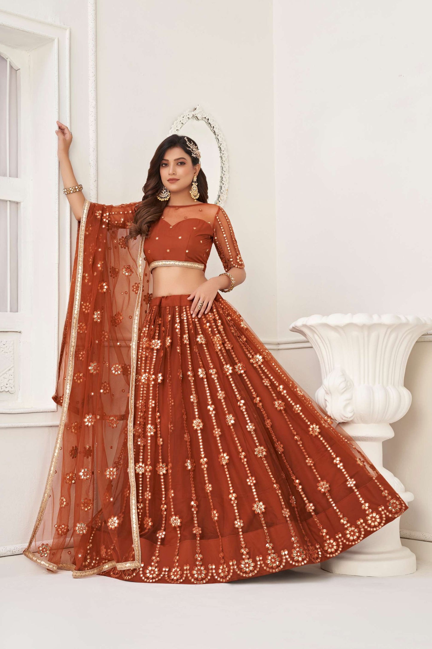 Brown Net Lehenga Choli in Sequins Embroidery