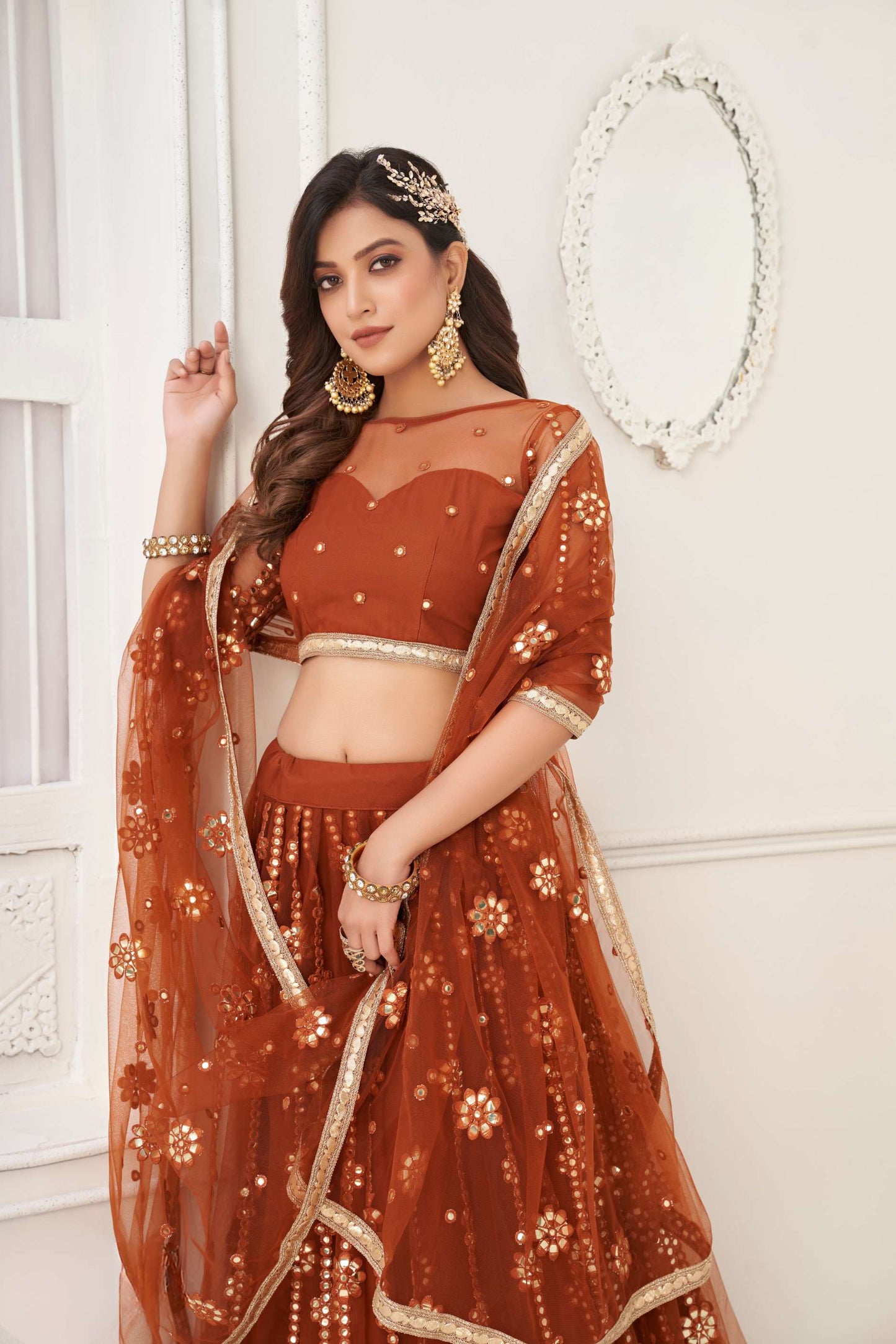 Brown Net Lehenga Choli in Sequins Embroidery