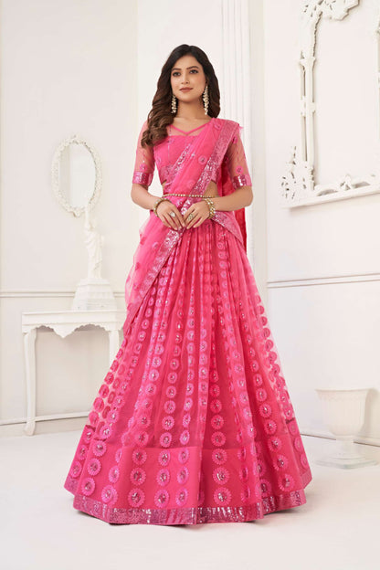 Pink Embroidered Lehenga Choli in Net